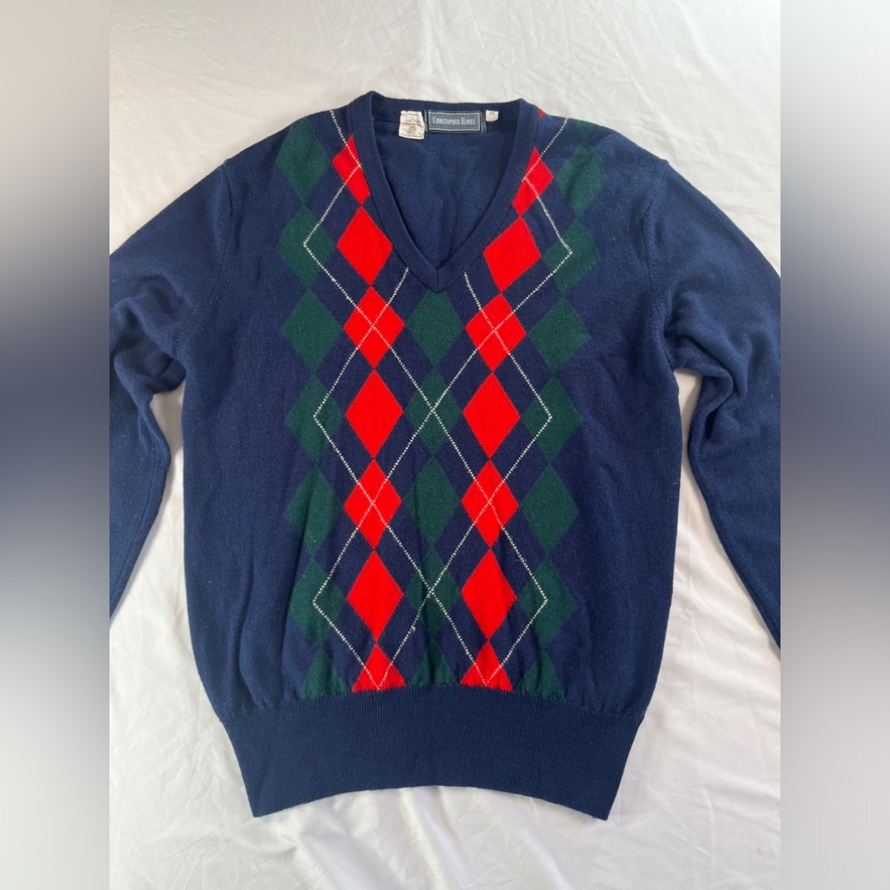 Men's Vintage Christopher Hayes 100% Wool Blue Argyle Pullover Sweater Size M